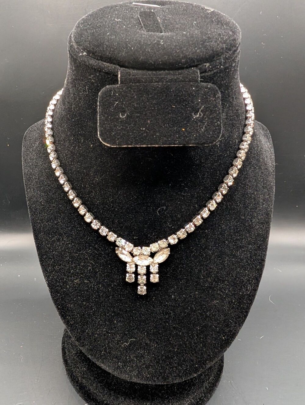 Vintage Clear Rhinestone Silver Tone Statement Necklace